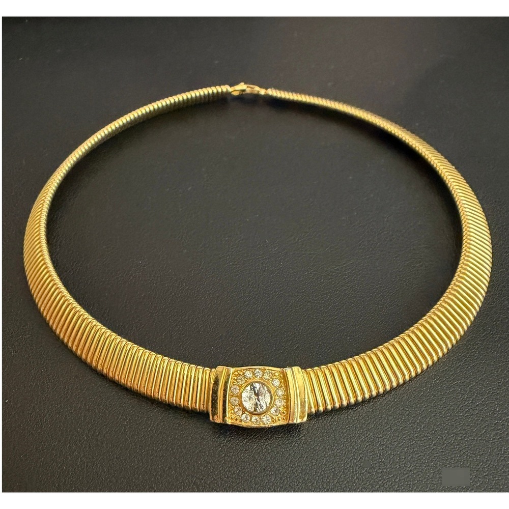 Vintage Christian Dior Omega Necklace Gold Tone Rhinestone